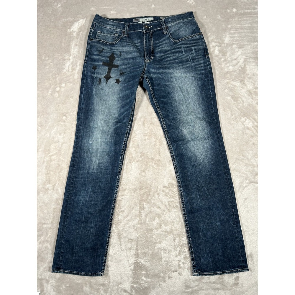 BKE Jake Jeans Mens 36Lx33 Blue Denim Distressed Bootcut Wide Leg Cowboy Comfort